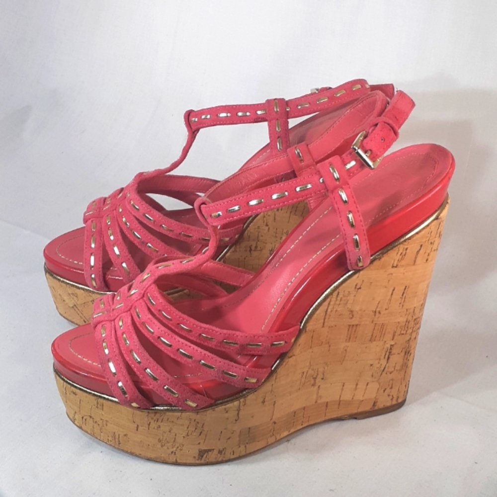 Christian Dior platform wedge heels pink suede and gold leather size 37 Size 7
